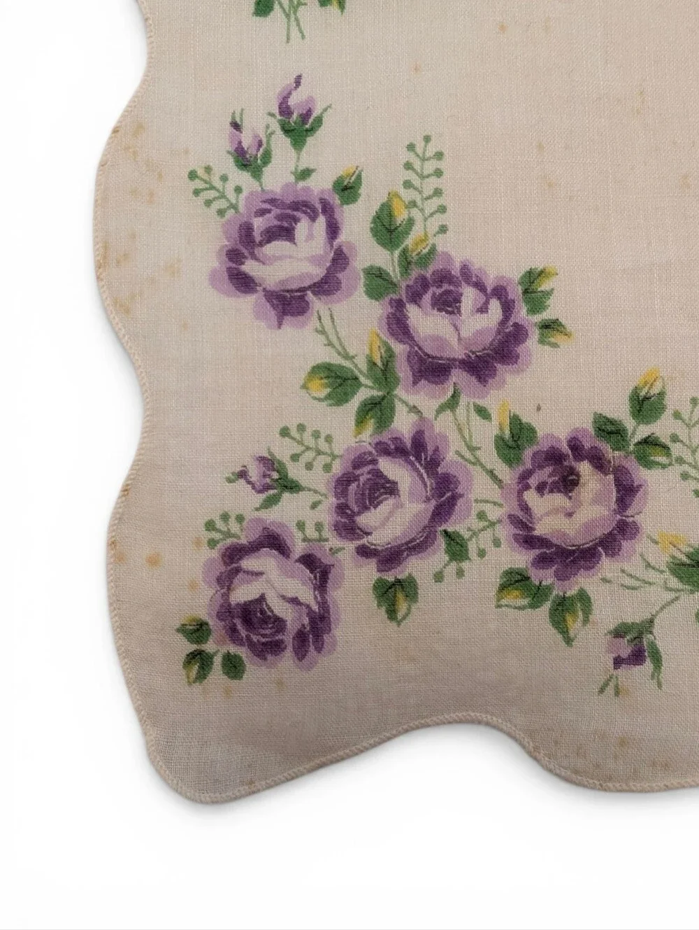 VINTAGE Floral Scalloped Handkerchief Purple Roses Cream Cotton